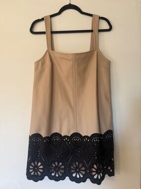 Anthropologie Beige Mini Dress with Black Laser-Cut Hem